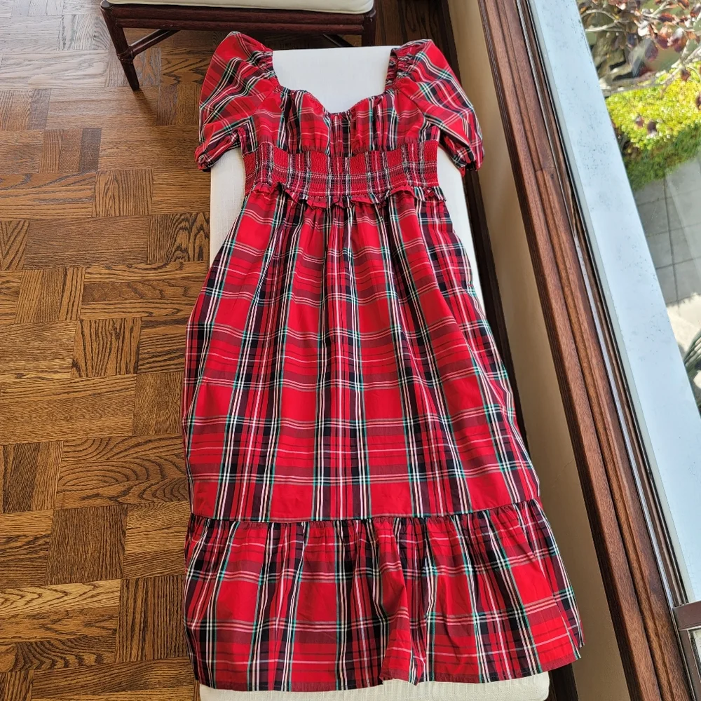 New! J.Crew sz Medium M Red Tartan Plaid Smocked Midi Dress NWT